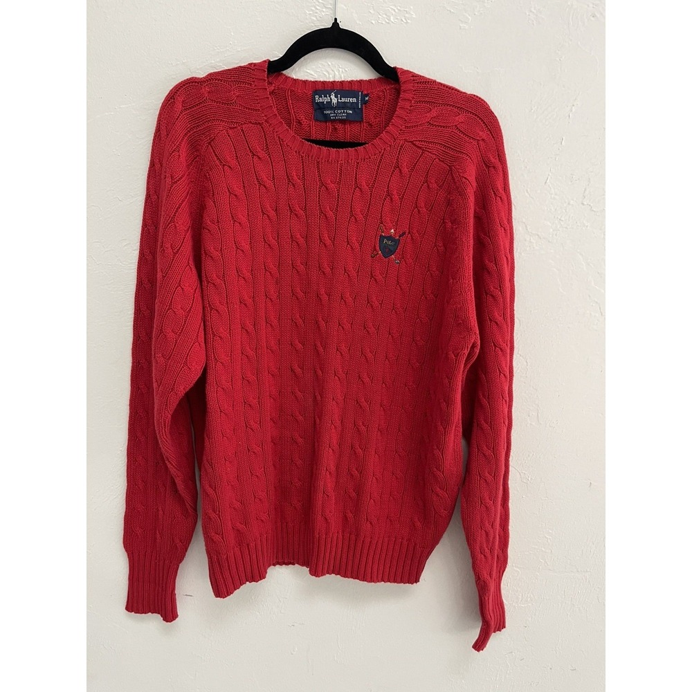 Polo golf Ralph‎ Lauren Sweater Mens Medium Red Cable Knit Crew Vintage Pretty